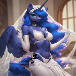Size: 5376x5376 | Tagged: suggestive, ai content, derpibooru import, machine learning generated, stable diffusion, princess luna, alicorn, anthro, beautiful, belly button, belly piercing, beneath clothes, best princess, big breasts, breasts, clothes, dress, ethereal mane, g4, generator:pony diffusion v6 xl, generator:purplesmart.ai, hand in underwear, image, jpeg, looking at you, nervous, panties, piercing, prompter:anonynmi, smiling, underwear, wedding dress, wedding night, wings
