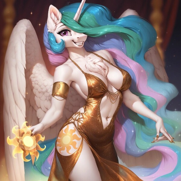 Size: 1344x1344 | Tagged: suggestive, ai content, derpibooru import, machine learning generated, stable diffusion, princess celestia, alicorn, anthro, beautiful, belly button, beneath clothes, big breasts, breasts, clothes, dress, ethereal mane, g4, generator:pony diffusion v6 xl, generator:purplesmart.ai, grin, hand in underwear, image, jpeg, looking at you, panties, piercing, prompter:anonynmi, smiling, underwear, wings