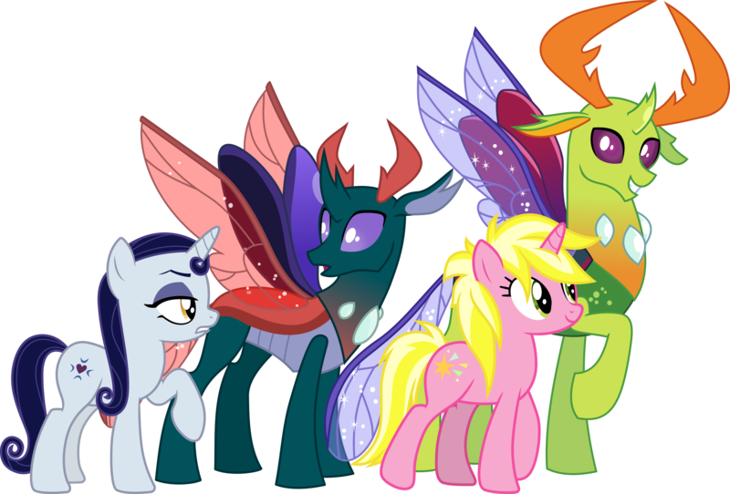 Size: 4321x2927 | Tagged: safe, artist:cloudy glow, artist:frownfactory, artist:lightningbolt, derpibooru import, edit, vector edit, moonlight raven, pharynx, sunshine smiles, thorax, changedling, changeling, pony, unicorn, canterlot boutique, to change a changeling, .ai available, .svg available, antlers, brothers, crack shipping, curved horn, derpibooru exclusive, double date, duo, duo male and female, female, g4, green coat, grin, happy, high res, horn, horns, image, insect wings, king thorax, looking at you, male, mare, png, prince pharynx, purple eyes, raised hoof, ravenpharynx, red wings, shipping, show accurate, siblings, simple background, sisters, smiling, spread wings, standing, straight, sunshinerax, transparent background, transparent wings, vector, wings