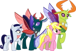 Size: 4321x2927 | Tagged: safe, artist:cloudy glow, artist:frownfactory, artist:lightningbolt, derpibooru import, edit, vector edit, moonlight raven, pharynx, sunshine smiles, thorax, changedling, changeling, pony, unicorn, canterlot boutique, to change a changeling, .ai available, .svg available, antlers, brothers, crack shipping, curved horn, derpibooru exclusive, double date, duo, duo male and female, female, g4, green coat, grin, happy, high res, horn, horns, image, insect wings, king thorax, looking at you, male, mare, png, prince pharynx, purple eyes, raised hoof, ravenpharynx, red wings, shipping, show accurate, siblings, simple background, sisters, smiling, spread wings, standing, straight, sunshinerax, transparent background, transparent wings, vector, wings