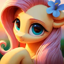Size: 3072x3072 | Tagged: safe, ai content, derpibooru import, machine learning generated, prompter:adorablebluefox, stable diffusion, fluttershy, pegasus, pony, backlighting, blurry background, closed mouth, cute, female, floppy ears, flower, flower in hair, fluffy, g4, generator:pony diffusion v6 xl, hair ornament, happy, image, looking at you, mare, nature, outdoors, png, shyabetes, sitting, smiling, solo, solo female, stare