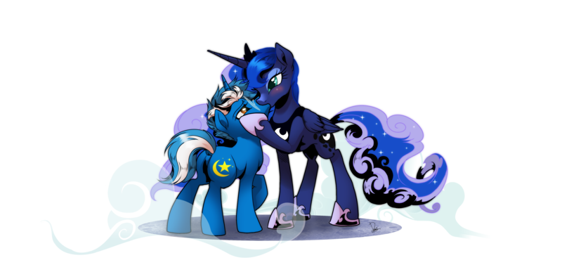 Size: 5000x2480 | Tagged: safe, artist:dormin-dim, derpibooru import, princess luna, oc, oc:moon rise, alicorn, pony, unicorn, canon x oc, commission, crown, cutie mark, ethereal mane, female, g4, glasses, horn, image, jewelry, kissing, male, mare, png, regalia, simple background, stallion, starry mane, transparent background, unicorn oc, wings, ych result