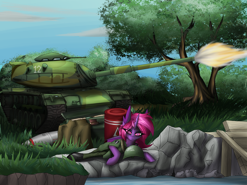 Size: 4000x3000 | Tagged: safe, artist:kirov, derpibooru import, oc, unofficial characters only, bat pony, changeling, hybrid, pony, changeling oc, clothes, digital art, hybrid oc, image, looking at you, m60 patton, military, military uniform, png, tank (vehicle), uniform