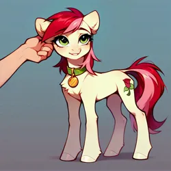 Size: 4096x4096 | Tagged: safe, ai content, derpibooru import, machine learning generated, prompter:doom9454, stable diffusion, roseluck, human, pony, behaving like a cat, collar, concave belly, cute, ear scratch, fluffy, generator:purplesmart.ai, hand, image, jpeg, offscreen character, offscreen human, pet tag, pony pet, rosepet, slender, standing, thin