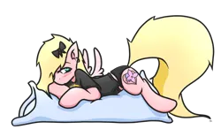 Size: 1246x775 | Tagged: safe, artist:taps, derpibooru import, oc, unofficial characters only, pegasus, pony, blushing, body pillow, bow, clothes, female, image, lying down, panties, png, prone, shirt, simple background, solo, t-shirt, transparent background, underwear