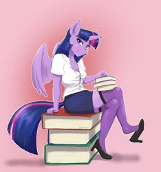 Size: 1406x1500 | Tagged: suggestive, artist:empyu, derpibooru import, twilight sparkle, twilight sparkle (alicorn), alicorn, anthro, barefoot, book, breasts, cleavage, clothes, feet, g4, gradient background, image, png, redraw, shoe dangling, shoes, simple background, socks, stockings, stupid sexy twilight, thigh highs