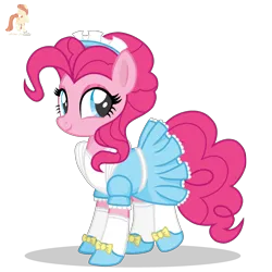 Size: 2288x2288 | Tagged: safe, artist:r4hucksake, derpibooru import, pinkie pie, earth pony, alternate hairstyle, base used, bow, clothes, cute, diapinkes, dress, eyeshadow, image, looking at you, maid, maid headdress, makeup, pinkie maid, png, shoes, simple background, smiling, smiling at you, socks, solo, transparent background