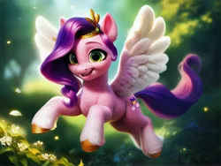 Size: 4096x3072 | Tagged: safe, ai content, derpibooru import, machine learning generated, prompter:kluknawa235, stable diffusion, pipp petals, g5, crown, flower, flying, generator:pony diffusion v6 xl, generator:purplesmart.ai, image, jewelry, jpeg, regalia, smiling