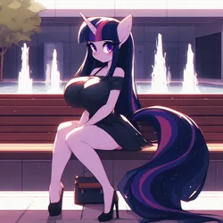 Size: 1024x1024 | Tagged: safe, ai content, derpibooru import, machine learning generated, twilight sparkle, anthro, unicorn, adorasexy, beautiful, bench, big breasts, blushing, breasts, busty twilight sparkle, clothes, curvy, cute, dress, female, fountain, g4, high heels, huge breasts, image, looking at you, park bench, petite, png, prompter:horselover fat, purse, sexy, shoes, sitting, solo, tree