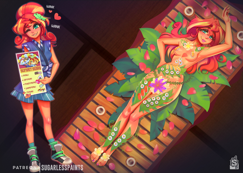 Size: 1750x1250 | Tagged: questionable, artist:sugarlesspaints, derpibooru import, sunset shimmer, equestria girls, alternate hairstyle, barefoot, blushing, clothes, dress, feet, female, food, grin, image, jpeg, nudity, nyotaimori, one eye closed, patreon, patreon reward, shoes, sign, smiling, solo, solo female, sunset sushi, sushi, wink