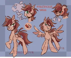 Size: 1000x810 | Tagged: safe, artist:berozova, derpibooru import, oc, oc:firecracker smoke, unofficial characters only, pegasus, pony, bags under eyes, blushing, cigarette, freckles, grin, image, leg freckles, lidded eyes, male, one eye closed, pegasus oc, png, raised hoof, reference sheet, shoulder freckles, signature, smiling, smoke, smoking, spread wings, stallion, wings