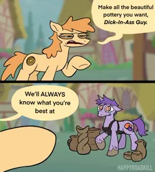 Size: 1312x1457 | Tagged: suggestive, artist:happyroadkill, derpibooru import, oc, oc:dick-in-ass guy, unofficial characters only, earth pony, pony, unicorn, apron, clothes, crying, duo, female, funny, image, jpeg, male, mare, pointing, pottery, sad, squint, stallion, teary eyes