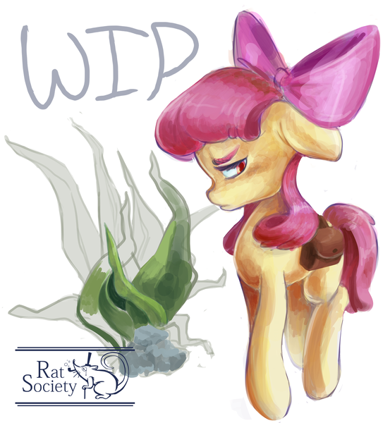 Size: 2464x2672 | Tagged: safe, artist:ratsociety, derpibooru import, apple bloom, earth pony, pony, bag, female, filly, foal, image, plant, png, pouting, saddle bag, simple background, solo, text, white background, wip