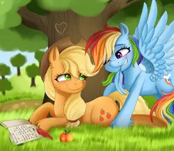 Size: 2048x1776 | Tagged: safe, artist:galaxy swirl, derpibooru import, applejack, rainbow dash, earth pony, pegasus, pony, apple, apple tree, appledash, book, duo, duo female, eye clipping through hair, eyebrows, eyebrows visible through hair, female, food, g4, image, jpeg, lesbian, looking at each other, looking at someone, shipping, spread wings, tree, wings
