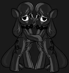 Size: 782x827 | Tagged: safe, alternate version, artist:belaboy, edit, editor:anonymous, octavia melody, earth pony, pony, /mlp/ latex requests, bipedal, bondage, bow, bowtie, dark, encasement, gray background, grayscale, hood, hoof hold, image, latex, latex suit, leaning, lidded eyes, monochrome, png, seams, shitposting, siblings, simple background, twins