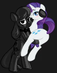 Size: 585x742 | Tagged: safe, alternate version, artist:belaboy, edit, editor:anonymous, octavia melody, rarity, earth pony, pony, unicorn, /mlp/ latex requests, bipedal, bondage, bow, bowtie, carrying, dark, encasement, gray background, hood, hoof hold, image, latex, latex suit, leaning, lidded eyes, png, seams, shitposting, simple background