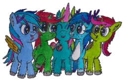 Size: 1737x1131 | Tagged: safe, artist:vovi, derpibooru import, oc, oc:bluelight, oc:isabelle fairy, oc:lucas fairy, oc:plum virgin sentry, oc:void virgin sparkles, unofficial characters only, deer, deer pony, hybrid, original species, pegasus, peryton, pony, unicorn, derpibooru community collaboration, 2024 community collab, :p, brother and sister, colt, female, filly, foal, happy, image, male, png, sibling, siblings, simple background, sitting, tongue out, traditional art, transparent background, twins