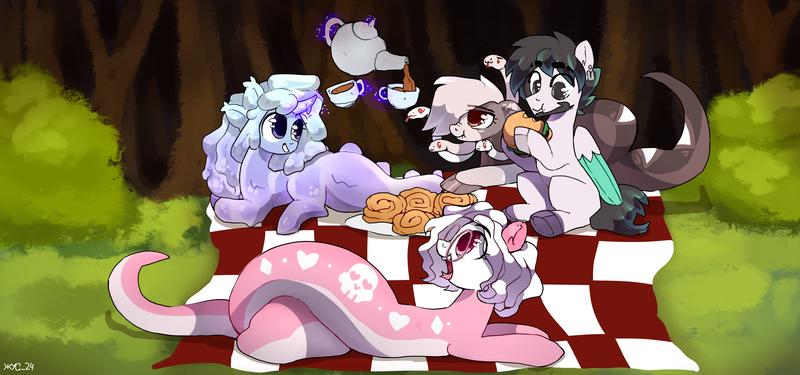 Size: 4608x2160 | Tagged: safe, artist:juiss, derpibooru import, oc, oc:captain juiss, earth pony, goo, goo pony, lamia, original species, pegasus, pony, snake, snake pony, burger, cup, eating, food, image, picnic, png, slime, teacup, teapot