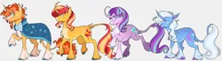 Size: 2048x566 | Tagged: safe, artist:wanderingpegasus, derpibooru import, starlight glimmer, sunburst, sunset shimmer, trixie, classical unicorn, pony, unicorn, cloven hooves, curved horn, g4, group, horn, image, leonine tail, png, remake, simple background, tongue out, unshorn fetlocks, white background