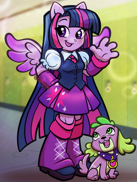 Size: 1800x2400 | Tagged: safe, artist:sparkytopia, derpibooru import, part of a set, spike, twilight sparkle, dog, human, equestria girls, arm warmers, boots, canterlot high, clothes, cute, g4, high heel boots, image, leg warmers, long hair, looking at you, open mouth, png, ponied up, pony ears, shirt, shoes, skirt, spike the dog, waving, wings