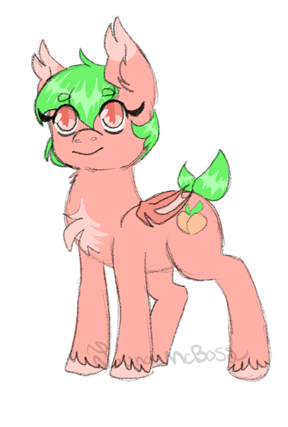 Size: 736x1090 | Tagged: safe, artist:luna_mcboss, derpibooru import, oc, oc:sploosh, bat, bat pony, fruit bat, pony, bat pony oc, bat wings, chest fluff, feathered fetlocks, folded wings, food, fruit, green mane, image, peach, pink coat, pink eyes, png, short mane, wings