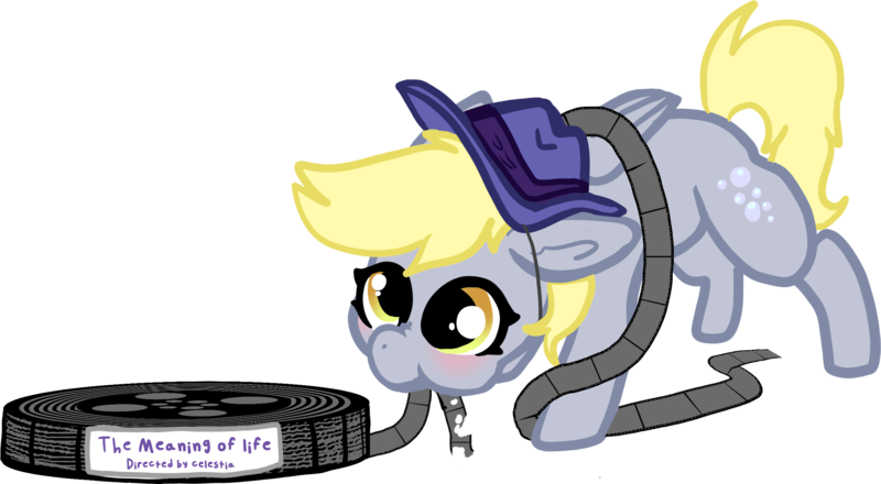 Size: 2380x1308 | Tagged: safe, artist:nootaz, derpibooru import, derpy hooves, pegasus, pony, blushing, derpy being derpy, eating, film reel, hat, image, png