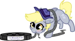 Size: 2380x1308 | Tagged: safe, artist:nootaz, derpibooru import, derpy hooves, pegasus, pony, blushing, derpy being derpy, eating, film reel, hat, image, png