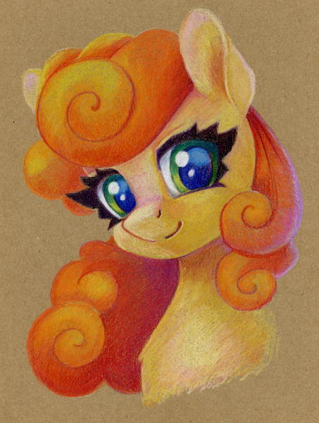 Size: 905x1200 | Tagged: safe, artist:maytee, derpibooru import, carrot top, golden harvest, earth pony, pony, bust, colored pencil drawing, g4, image, png, portrait, smiling, solo, toned paper, traditional art
