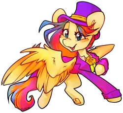 Size: 4873x4496 | Tagged: safe, artist:midnightpremiere, derpibooru import, sweet tooth, oc, oc:golden gates, pegasus, pony, derpibooru community collaboration, 2024 community collab, babscon, babscon 2024, clothes, convention, convention:babscon, flying, hat, image, long hair, open mouth, png, raised hoof, smiling, solo, top hat, tuxedo, willy wonka and the chocolate factory