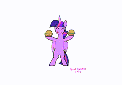 Size: 670x468 | Tagged: safe, alternate version, artist:petaltwinkle, derpibooru import, twilight sparkle, twilight sparkle (alicorn), alicorn, pony, animated, bipedal, burger, cute, dancing, do the sparkle, eyes closed, female, food, gif, image, loop, mare, signature, simple background, smiling, solo, that pony sure does love burgers, twiabetes, twilight burgkle, white background