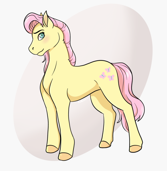 Size: 2010x2060 | Tagged: safe, artist:rae-lana, derpibooru import, fluttershy, pony, blushing, concave belly, eyebrows, eyelashes, female, hooves, image, looking at you, mare, png, short mane, signature, slender, smiling, smiling at you, solo, sternocleidomastoid, thin, wingless