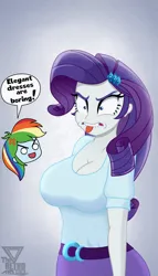 Size: 2000x3500 | Tagged: safe, artist:theretroart88, derpibooru import, rainbow dash, rarity, human, equestria girls, >:d, angry, big breasts, blank eyes, breasts, busty rarity, cleavage, cross-popping veins, emanata, faic, female, g4, gradient background, high res, image, lip bite, pinpoint eyes, png, speech bubble, tongue out