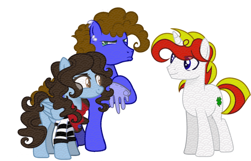 Size: 3880x2496 | Tagged: safe, artist:welcome-rose, derpibooru import, oc, oc:badgering badger, oc:lucky charm, oc:silly scribe, unofficial characters only, pegasus, pony, unicorn, derpibooru community collaboration, 2024 community collab, bandana, clothes, commission, ear fluff, gloves, image, male, png, raised hoof, shirt, simple background, size difference, stallion, transparent background, trio