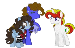 Size: 3880x2496 | Tagged: safe, artist:welcome-rose, derpibooru import, oc, oc:badgering badger, oc:lucky charm, oc:silly scribe, unofficial characters only, pegasus, pony, unicorn, derpibooru community collaboration, 2024 community collab, bandana, clothes, commission, ear fluff, gloves, image, male, png, raised hoof, shirt, simple background, size difference, stallion, transparent background, trio