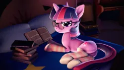 Size: 3840x2160 | Tagged: safe, artist:psfmer, derpibooru import, twilight sparkle, pony, unicorn, annoyed, book, bookhorse, butt, clothes, female, frown, glasses, high res, image, lying down, mare, plot, png, socks, solo, striped socks, that pony sure does love books, twilight sparkle is not amused, unamused, unicorn twilight, wavy mouth