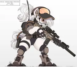 Size: 1208x1050 | Tagged: safe, artist:ncmares, derpibooru import, oc, unofficial characters only, earth pony, pony, artificial hands, assault rifle, baseball cap, big mare, bipedal, boots, cap, clothes, cybernetic legs, cyberpunk, female, gloves, goggles, gun, hat, hockless socks, image, jacket, jpeg, leotard, mare, mask, plate carrier, radio, rifle, shoes, simple background, socks, soldier, solo, tactical vest, thighs, thunder thighs, weapon, white background