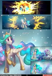 Size: 3541x5121 | Tagged: safe, artist:jewellier, artist:lummh, derpibooru import, princess celestia, princess luna, alicorn, pony, comic:the princess of love, absurd resolution, cewestia, crown, dialogue, female, filly, foal, g4, hoof shoes, image, jewelry, lyrics, magic, mare, open mouth, open smile, peytral, png, princess shoes, regalia, smiling, snow, snowfall, text, woona, younger