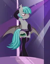Size: 3000x3854 | Tagged: suggestive, artist:ghostpikachu, derpibooru import, oc, oc:malachite cluster, unofficial characters only, bat pony, pony, base used, bat pony oc, bat wings, bipedal, blushing, clothes, club, collar, crotch bulge, dancing, evening gloves, fangs, gloves, high res, image, latex, latex gloves, latex stockings, long gloves, male, party, png, pole, pole dancing, sexy, socks, solo focus, spotlight, spread wings, stallion, stockings, stripper pole, thigh highs, wings