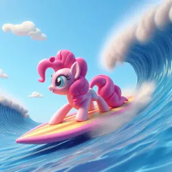 Size: 1024x1024 | Tagged: safe, ai content, derpibooru import, machine learning generated, pinkie pie, earth pony, pony, female, g4, image, jpeg, ocean, prompter:pinkiepiepics, solo, surfboard, surfing, water, wave