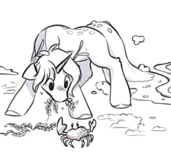 Size: 2862x2586 | Tagged: safe, artist:opalacorn, derpibooru import, oc, unofficial characters only, crab, pony, unicorn, commission, floppy ears, grayscale, grazing, horses doing horse things, image, jpeg, monochrome, open mouth, seaweed, simple background, solo, white background
