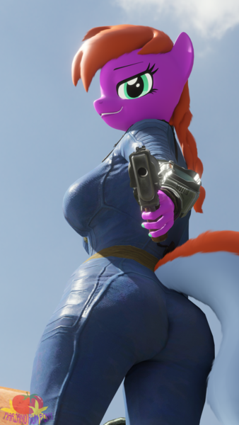 Size: 2160x3840 | Tagged: safe, artist:marianokun, derpibooru import, oc, oc:rass, anthro, fallout equestria, 3d, advertisement, aiming, anthro oc, blender, butt, clothes, commission, gun, high res, image, jumpsuit, looking at you, pipboy, png, smiling, smiling at you, vault suit, vulgar, weapon, ych result