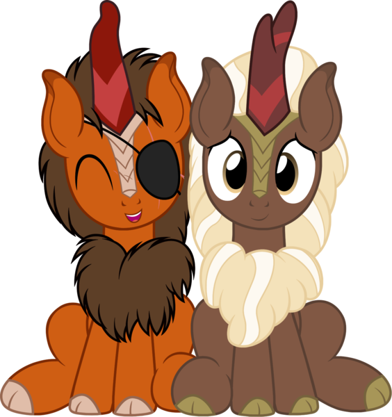 Size: 1437x1529 | Tagged: safe, artist:badumsquish, derpibooru import, oc, oc:chocolate medley, oc:rustback, unofficial characters only, kirin, derpibooru community collaboration, 2024 community collab, bashful, buzz cut, chest fluff, crystal pony oc, derpibooru exclusive, duo, eyepatch, eyes closed, food, glow, grin, high res, image, kirinified, looking at you, male, open mouth, png, ponytail, quadrupedal, scar, short hair, side by side, simple background, sitting, smiling, species swap, squee, transparent background, unshorn fetlocks, very short hair