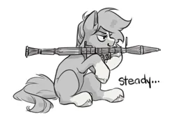 Size: 2392x1665 | Tagged: safe, artist:opalacorn, derpibooru import, ponified, ponified:sgt. reckless, earth pony, pony, coat markings, commission, hoof hold, image, jpeg, monochrome, narrowed eyes, rocket launcher, simple background, sitting, smiling, socks (coat marking), solo, weapon, white background