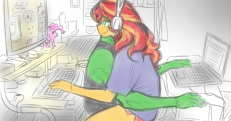 Size: 2242x1180 | Tagged: safe, artist:ponylover, derpibooru import, pinkie pie, sunset shimmer, oc, oc:anon, human, equestria girls, computer, duo, duo male and female, female, headphones, image, keyboard, laptop computer, male, png