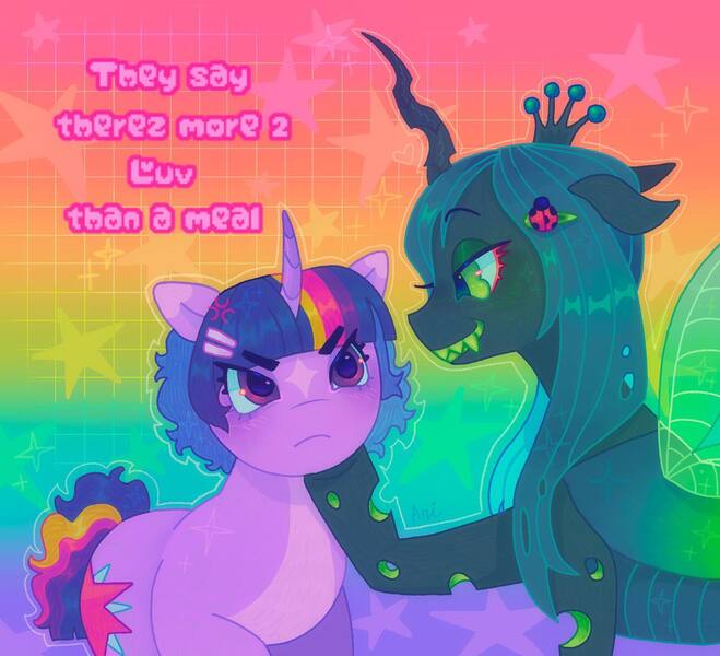 Size: 1440x1312 | Tagged: safe, artist:ariariari.png, derpibooru import, queen chrysalis, twilight sparkle, changeling, changeling queen, pony, unicorn, duo, female, image, jpeg, lesbian, rainbow, ship:twisalis, shipping, unicorn twilight