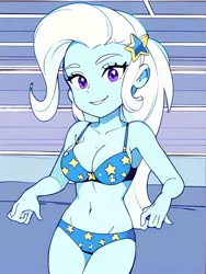 Size: 1120x1488 | Tagged: suggestive, ai content, derpibooru import, machine learning generated, prompter:brothor12, trixie, human, equestria girls, anime, anime style, bikini, bra, breasts, busty trixie, cleavage, clothes, e-cup bra, female, g4, image, jpeg, solo, solo female, studio ghibli, stupid sexy trixie, swimsuit, underwear