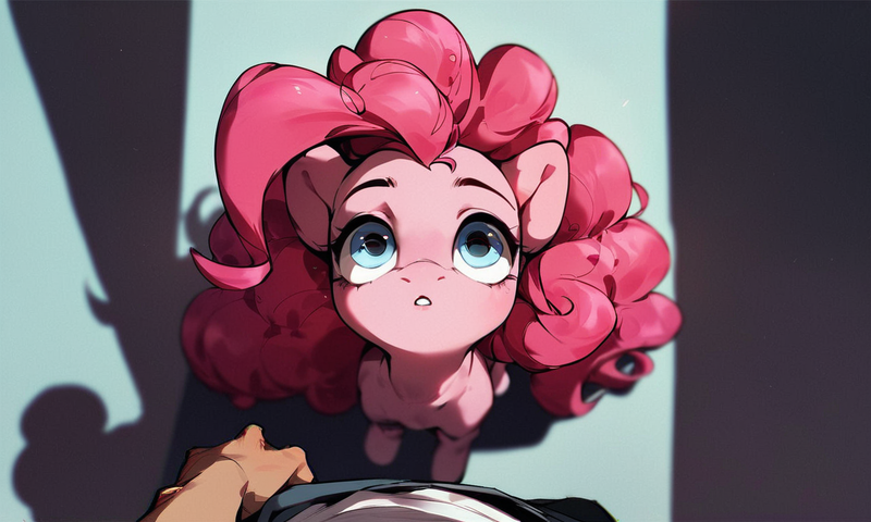 Size: 1280x768 | Tagged: safe, ai content, derpibooru import, machine learning generated, prompter:yuduz367, pinkie pie, earth pony, pony, cute, digital art, female, female focus, hand, human pov, image, looking at you, male, offscreen character, offscreen human, offscreen male, overhead view, png, simple background, solo focus