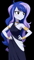 Size: 1152x2048 | Tagged: safe, ai content, derpibooru import, machine learning generated, prompter:brothor12, princess luna, human, equestria girls, anime, anime style, black background, fairy tail, female, hand on hip, image, jpeg, simple background, solo, vice principal luna