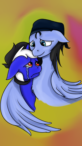 Size: 1080x1920 | Tagged: safe, artist:xrainbow-chocobox, oc, unnamed oc, unofficial characters only, pegasus, pony, abstract background, beanie, brothers, crying, duo, hat, hug, image, looking at each other, male, pegasus oc, png, sad, siblings, sorrow, winghug, wings