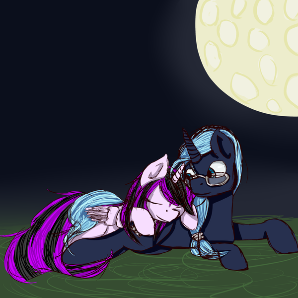 Size: 3000x3000 | Tagged: safe, artist:xrainbow-chocobox, oc, oc:emogak, oc:night flash, oc:oblivion fall, unofficial characters only, alicorn, pony, unicorn, alicorn oc, couple, cuddling, eyes closed, female, full moon, glasses, grass, horn, image, looking back, male, moon, night, oc x oc, png, prone, shipping, straight, tail, unicorn oc, wings